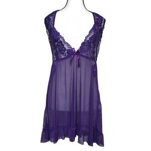 Womens Purple Lace Sheer Halter Babydoll‎ Chemise Lingerie Plus Size 3XL